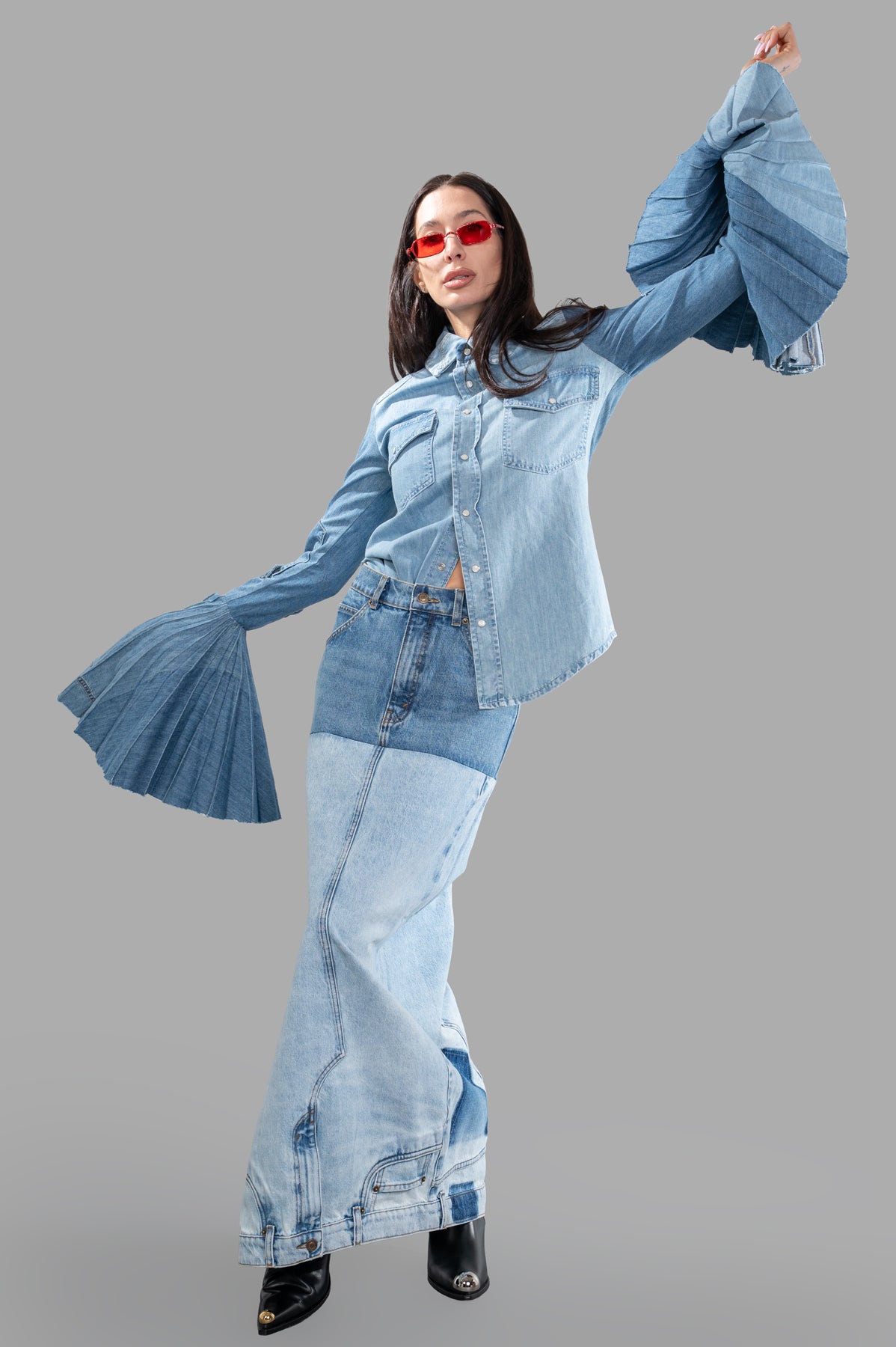 Denim Shirt With Pleated Sleeves