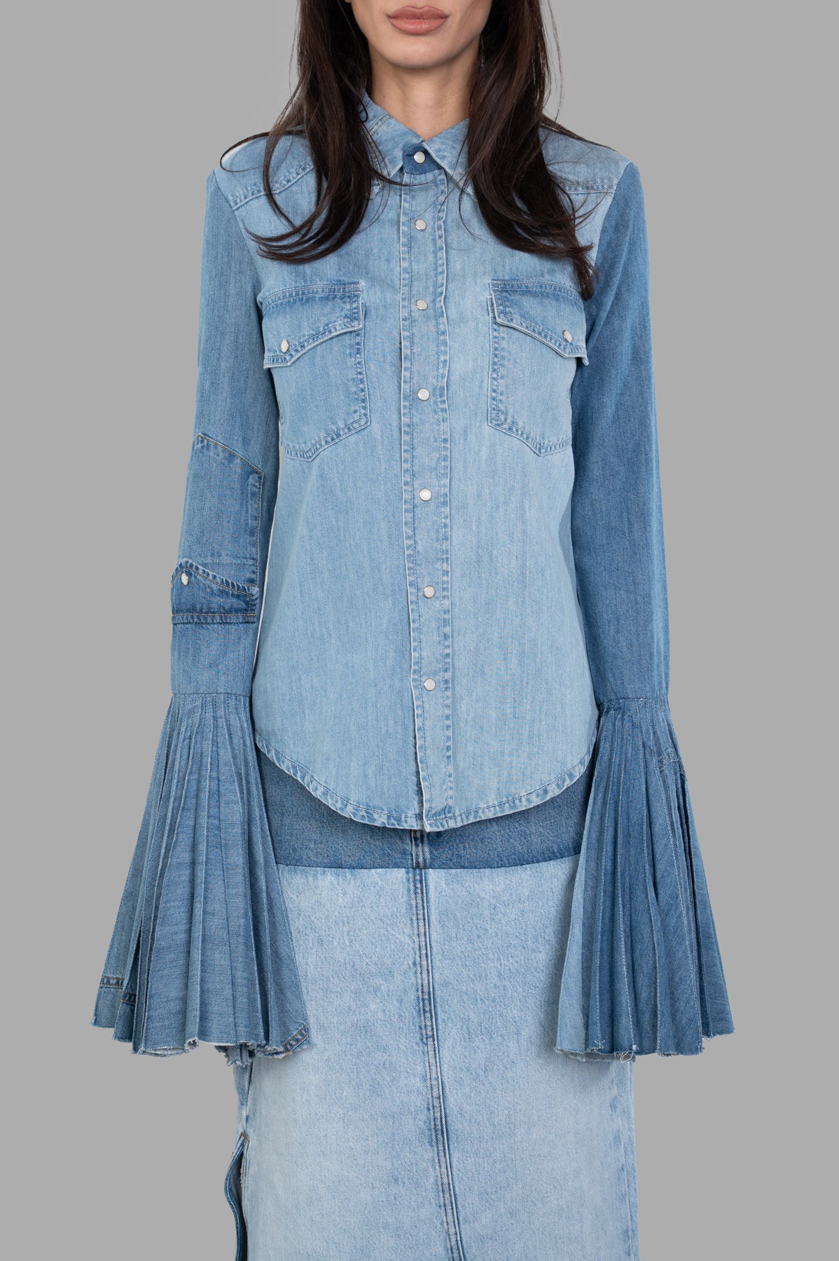 Denim Shirt With Pleated Sleeves