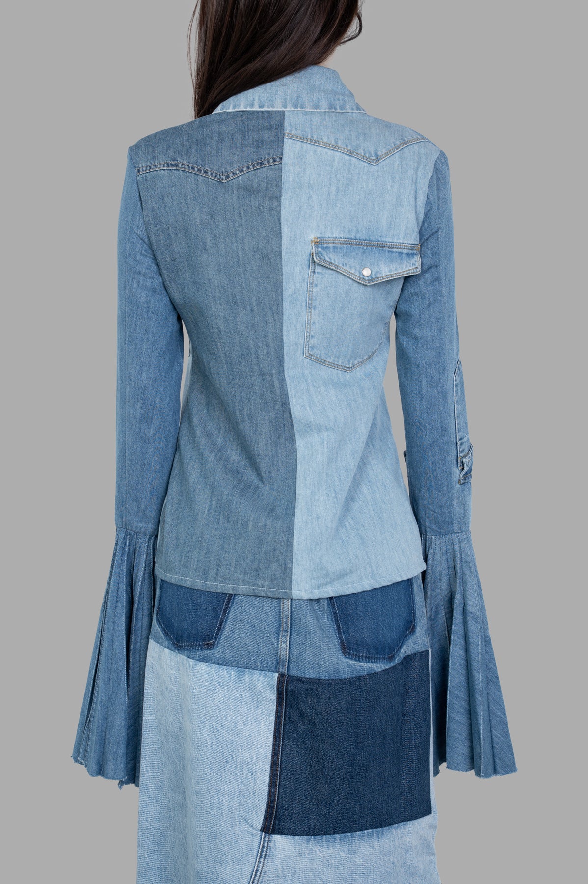 Denim Shirt With Pleated Sleeves