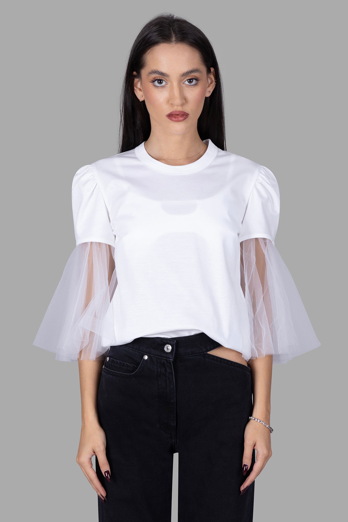 Tulle-sleeves T-shirt