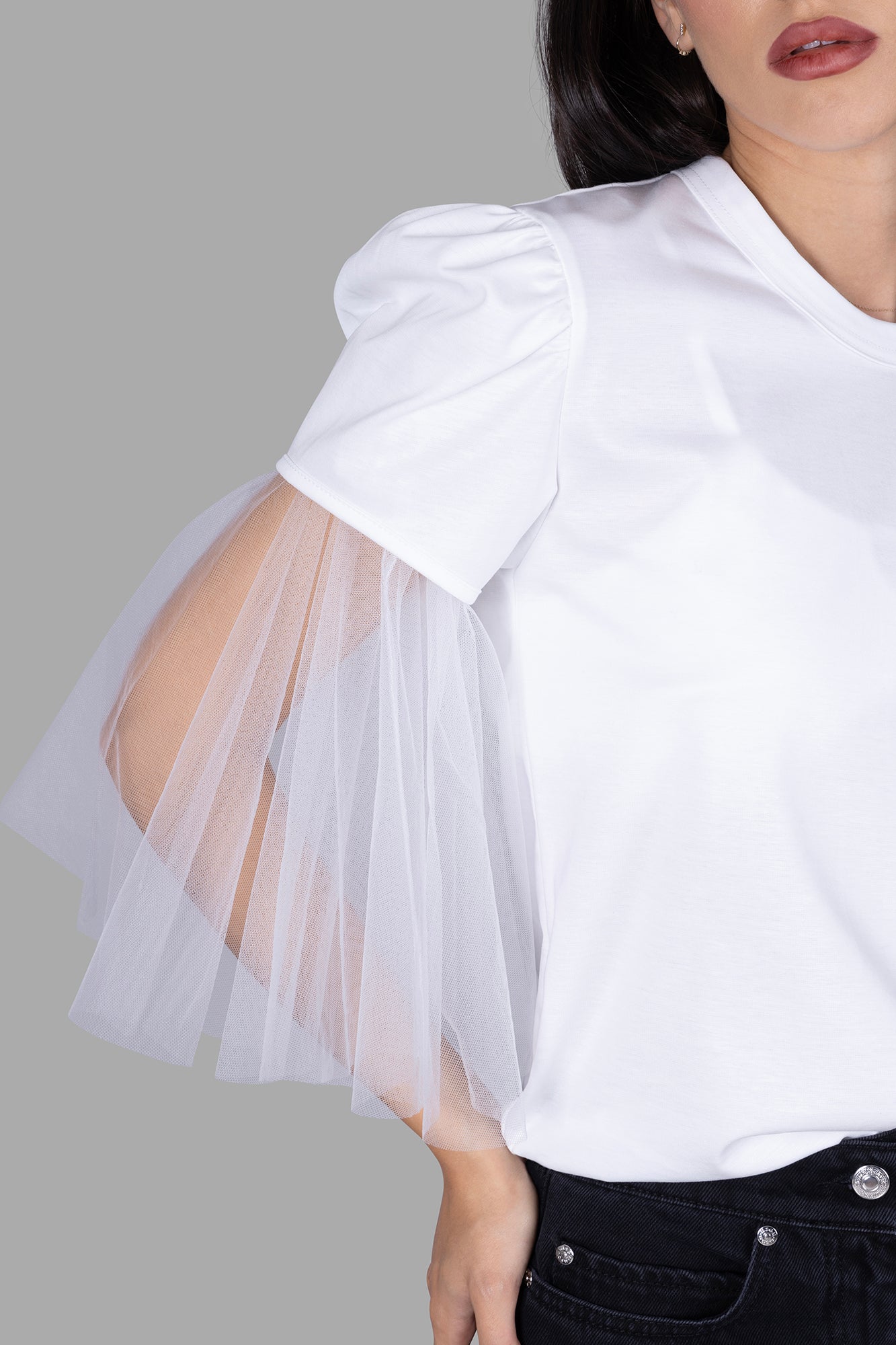 Tulle-sleeves T-shirt