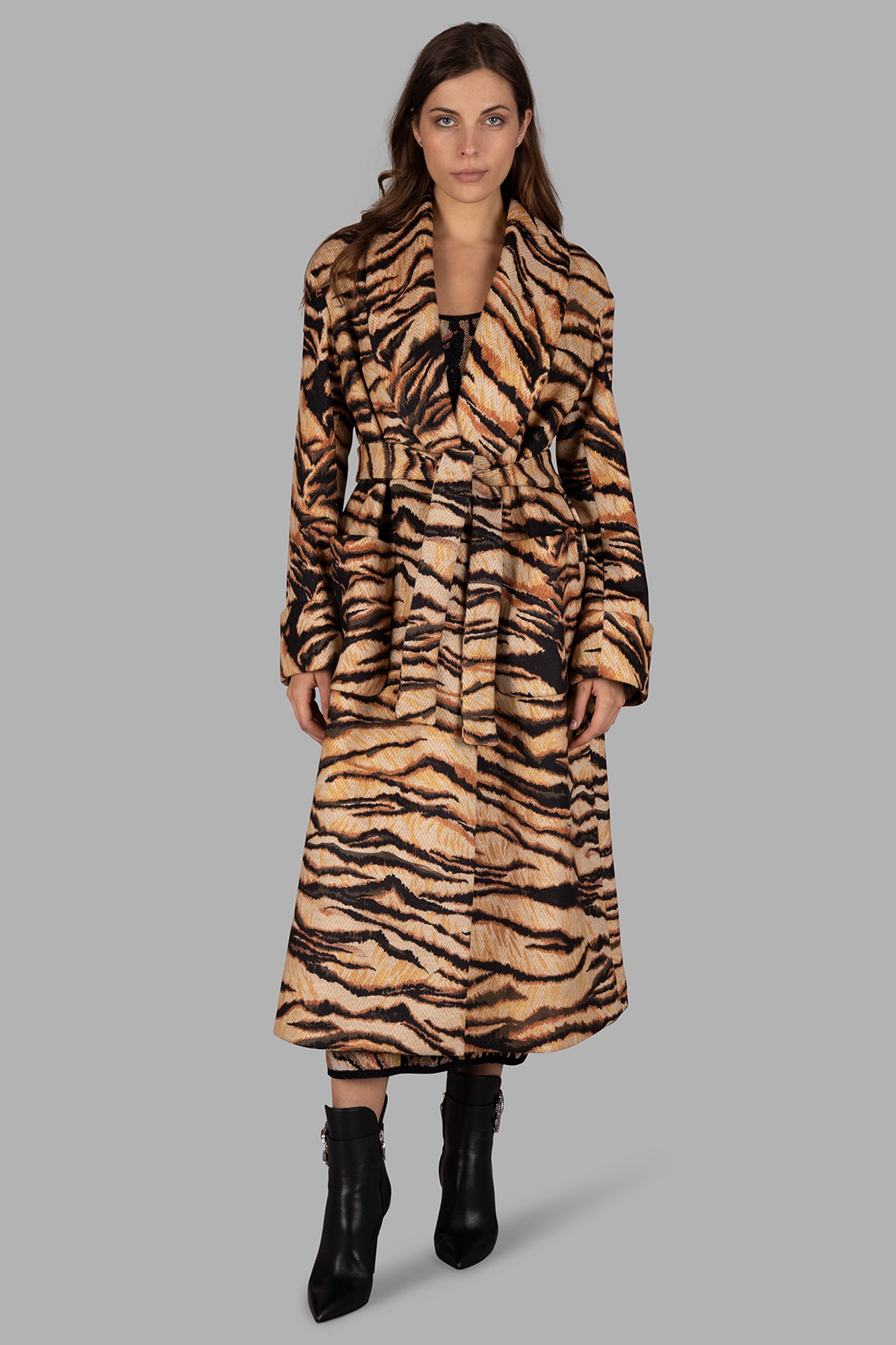 Tiger-print Belted Coat