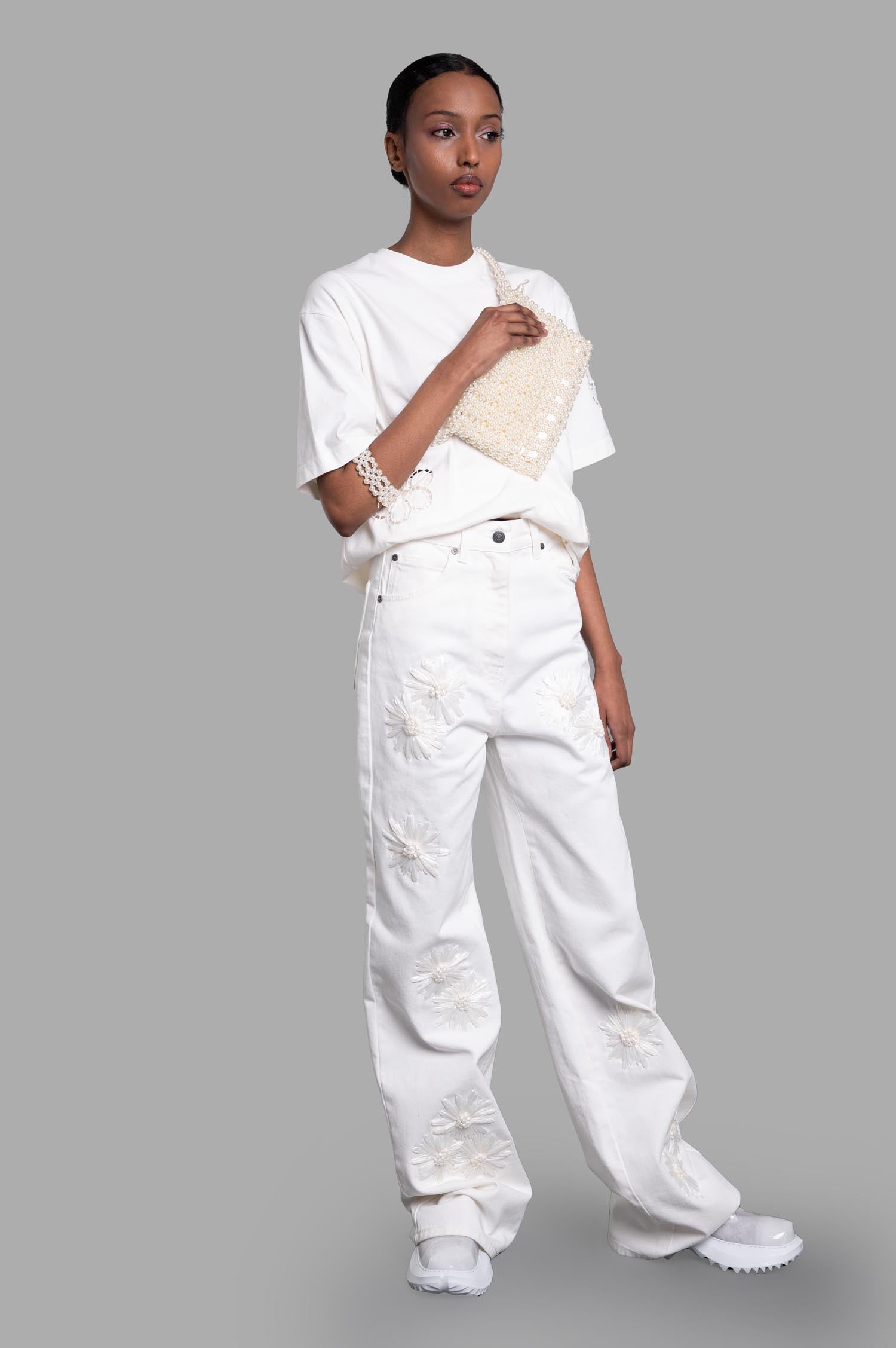 Denim Trousers with Raffia Flowers