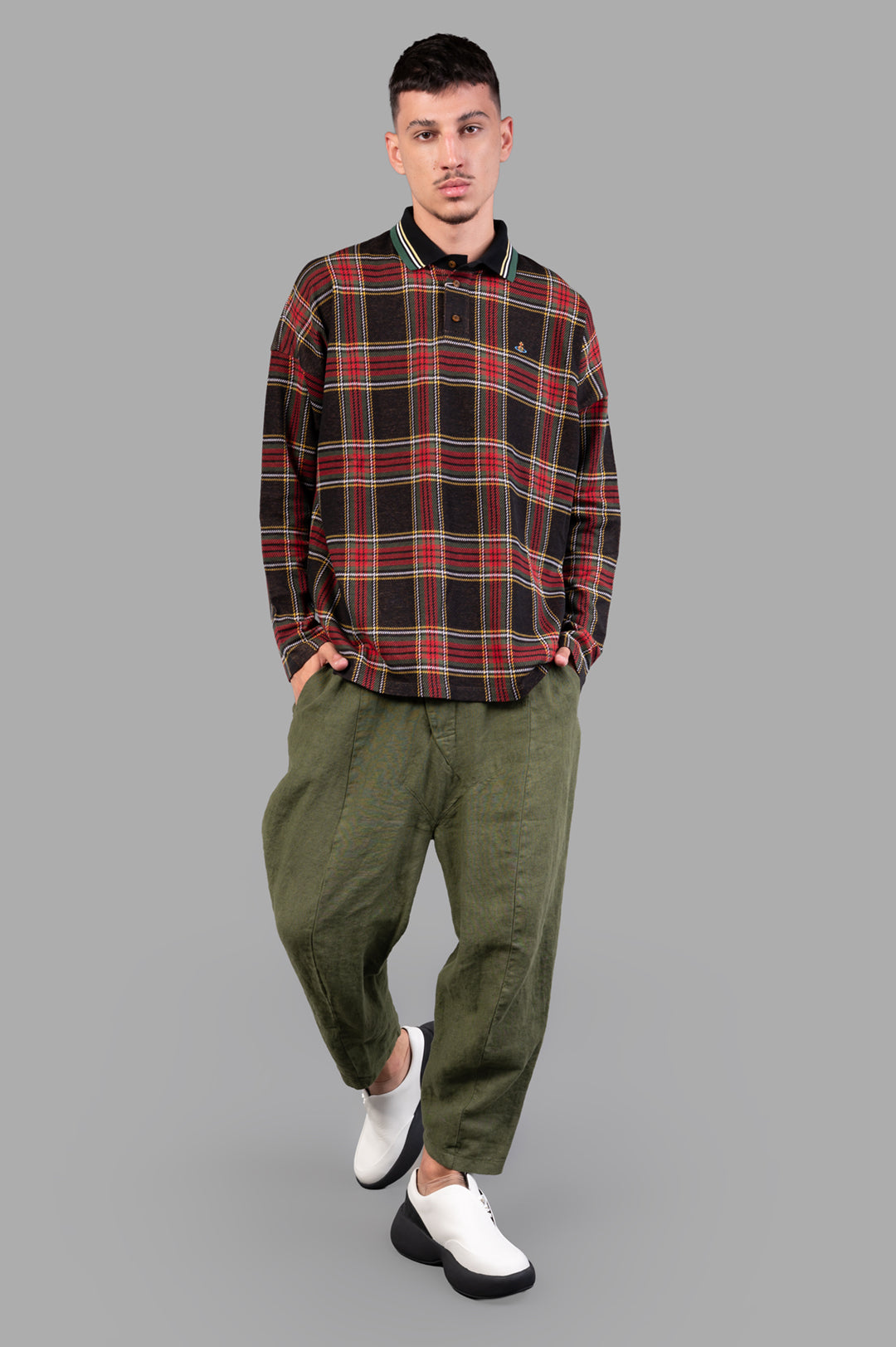 Long-Sleeve Tartan Polo Shirt