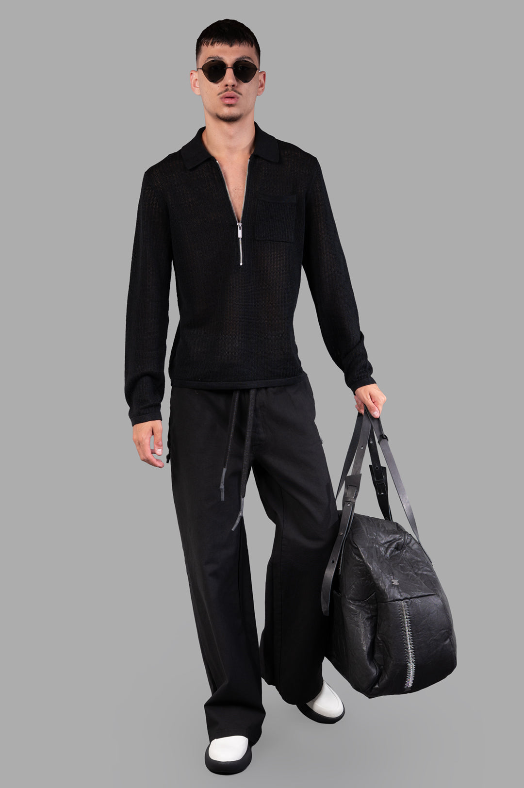 Long-sleeve Zip Polo in Black
