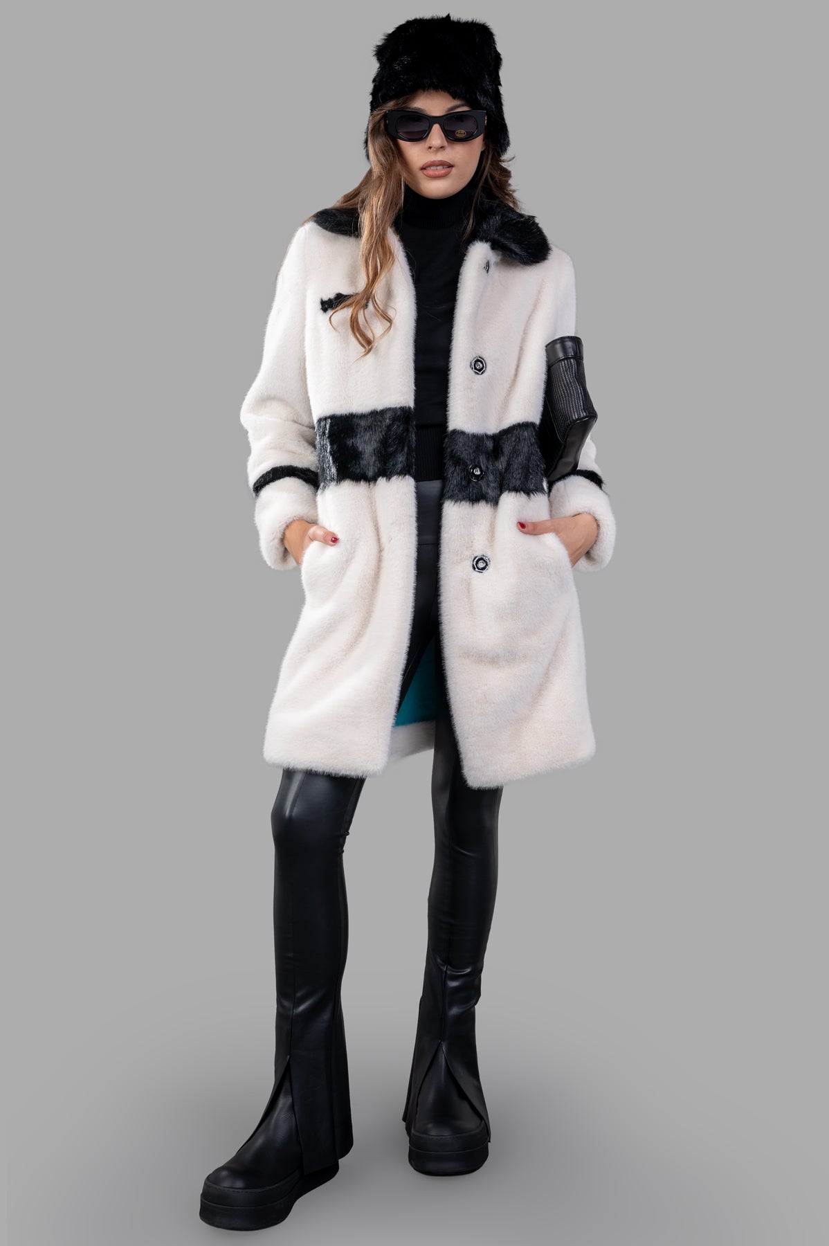 Color-block Faux-fur Coat