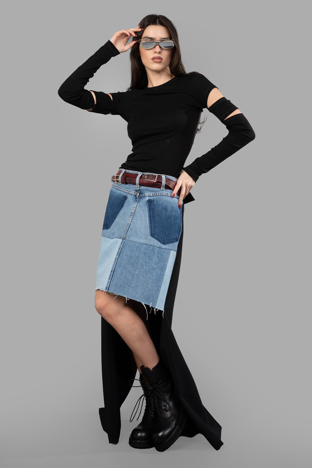 Asymmetric Half-Denim Skirt